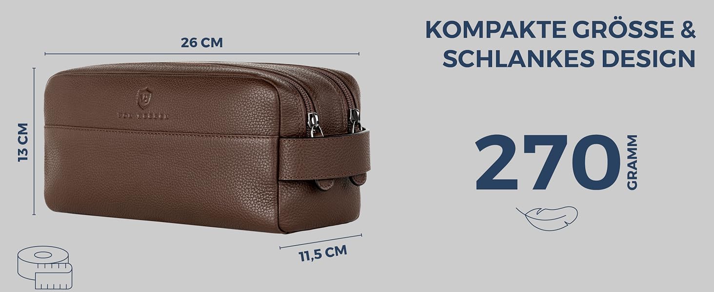 Шкіряна косметичка для подорожей VON HEESEN — універсальна сумка для гігієни та аксесуарів з натуральної шкіри, 2 основних відділення, темно-коричнева, великий розмір
