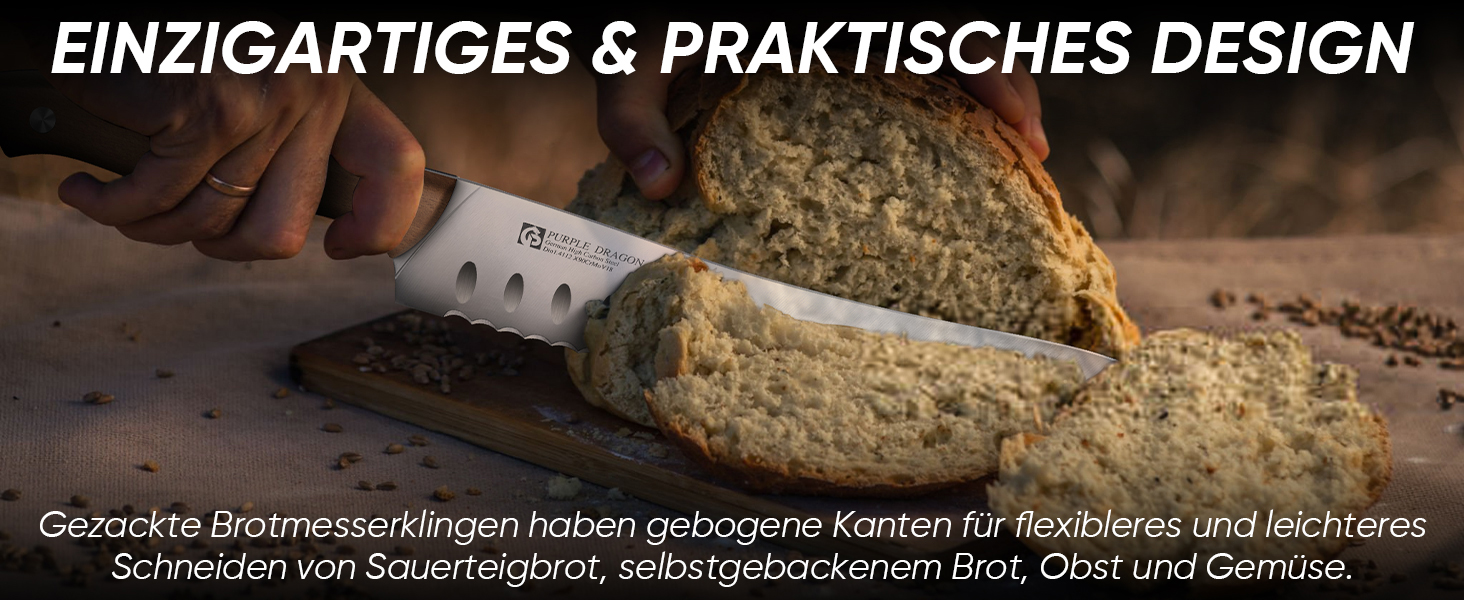 Ніж для хліба Purple Dragon Brotmesser з хвилястим лезом та ергономічною ручкою, з високоякісної німецької сталі, для свіжоспеченого хліба, закваски, тортів, гостре лезо
