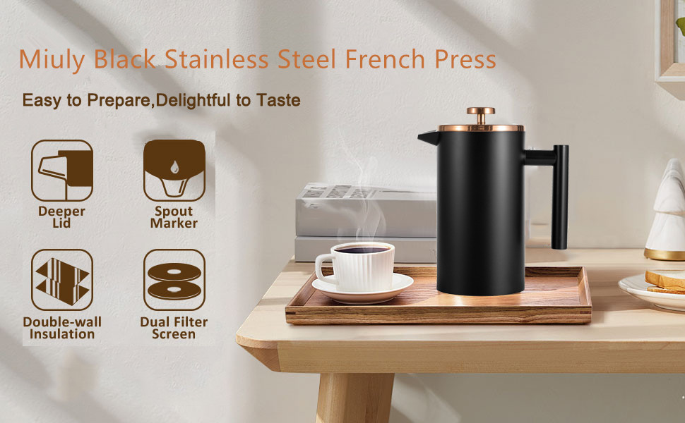 French Press MaxMiuly: Френч-прес для кави, 0.65 л, 3 чашки, нержавіюча сталь, термоізольований, чорний