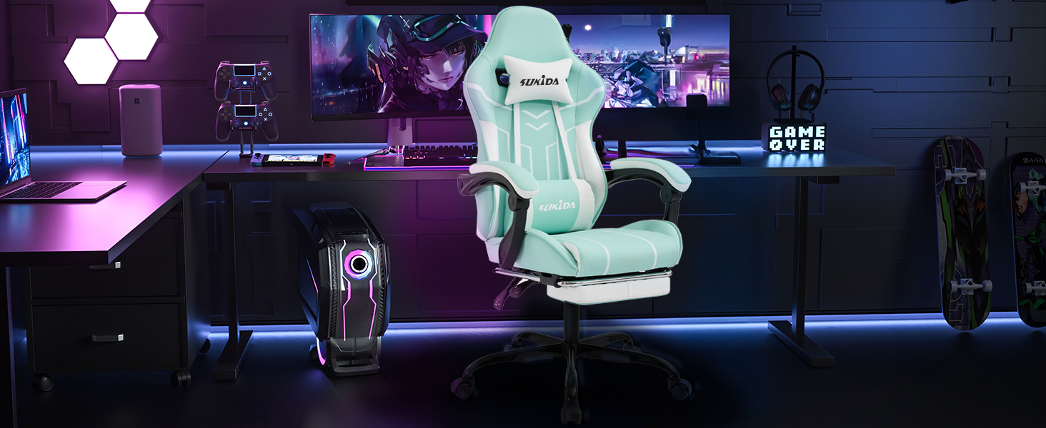 Ігрове крісло SUKIDA Ergonomic Gaming Chair з підставкою для ніг та підтримкою попереку, фіолетово-біле
