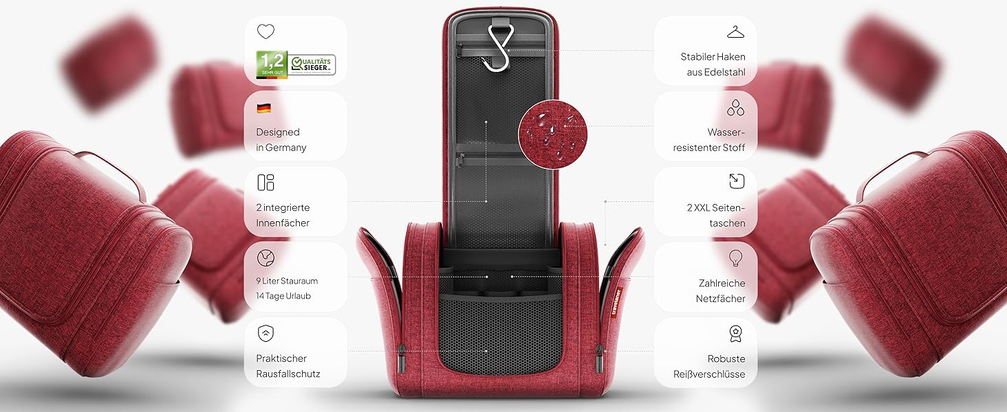 Чохол для туалетних речей Traveaner 7 відділень, 3-в-1, водонепроникний, для подорожей (червоний, XXL)