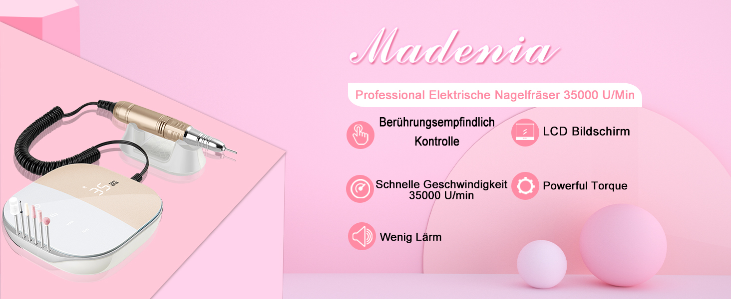 Електричний апарат для манікюру та педикюру Madenia TouchPro – 35000 об/хв, з LED-дисплеєм, 6 насадок, для гелевого манікюру