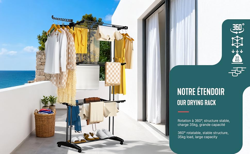 Вounot® Сушарка для білизни Торгова вежа, 4 яруси, компактна, складна, з колесами та бічними крилами, сушильна вежа для дому та вулиці, 125x62x173 см, чорна