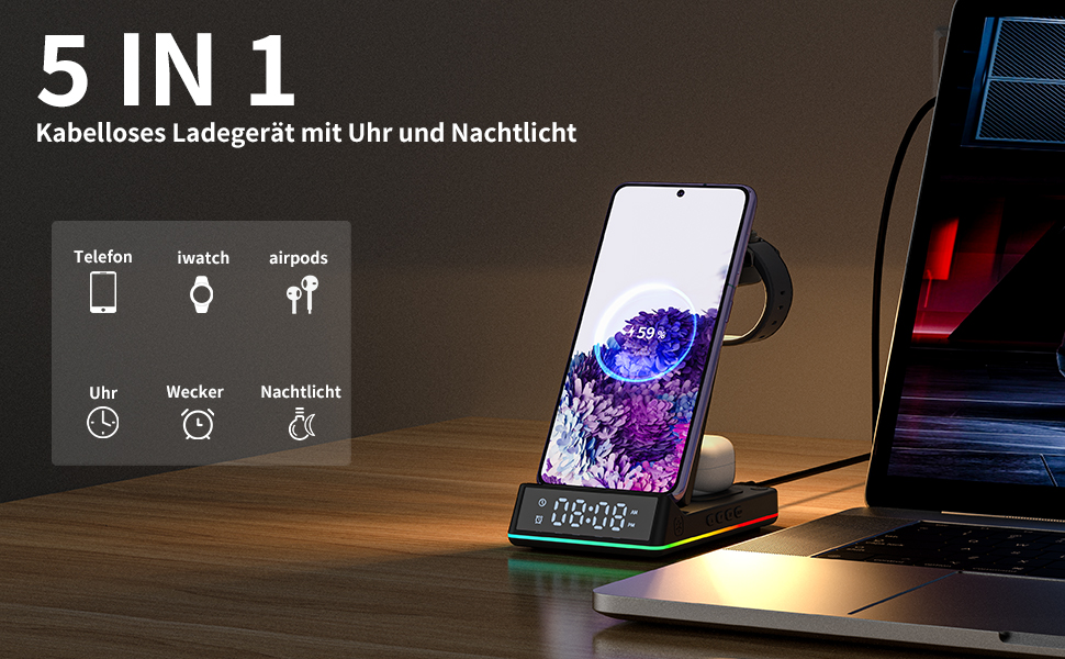Бездротова зарядка Induktive 3-в-1 для Samsung Galaxy S24/S20 (Ultra), Buds+/Pro/2, Watch 5/5 Pro - швидка зарядка