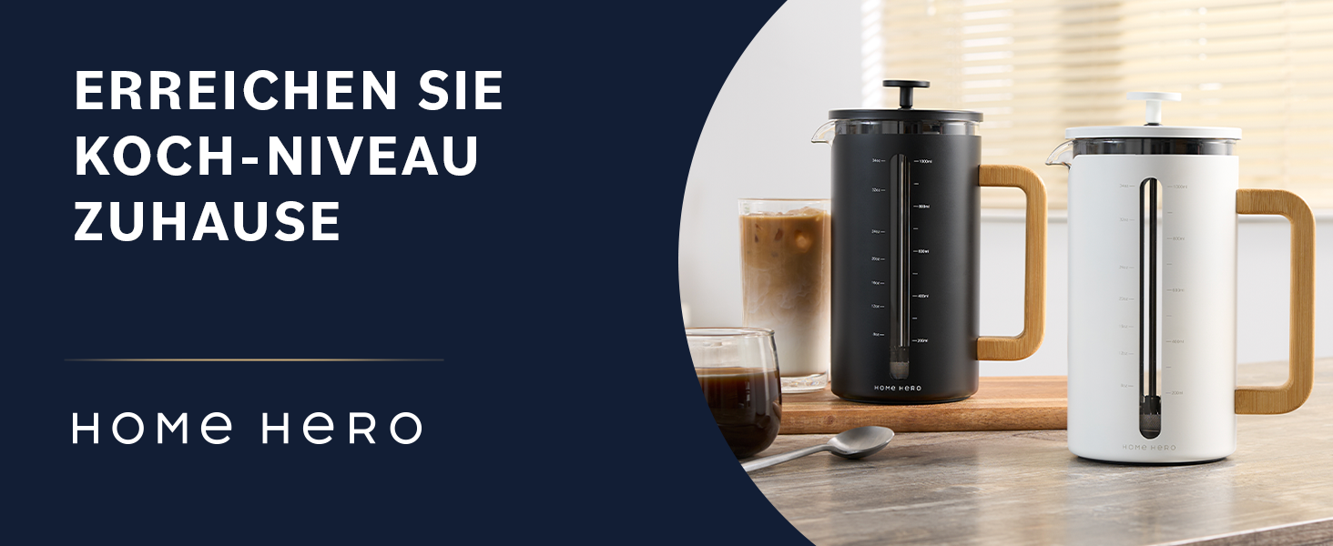 Френч-прес для кави Home Hero – 963.9 г, з бамбуковим руків'ям, скло Borosilikat, нержавіюча сталь, 4-шаровий фільтр, чорний