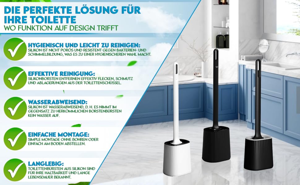 Силіконова щітка для унітазу R&B German Label з кріпленням на стіну без свердління - біло-чорна