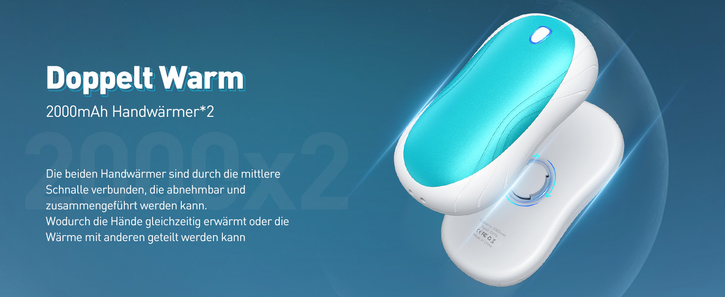 Електричні грілки для рук Cnkeeo, 2 шт. з роздільним магнітним з'єднанням, Powerbank USB, 3 режими нагріву, для активного відпочинку, риболовлі, полювання, чорно-білі (блакитні)