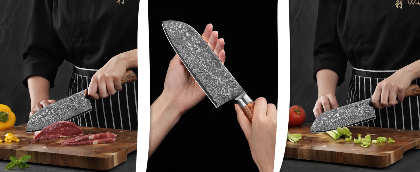 Ніж Santoku Wakoli EDIB Pro Дамаск (VG10) 17 см, рукоять Pakkawood, в подарунковій коробці – для м'яса, риби, овочів