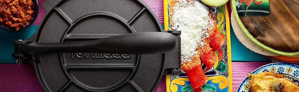 Пресс для тортилій та кесаділь, ротатор з чавуну з рецептами та E-Book з 50 рецептами (16 см)