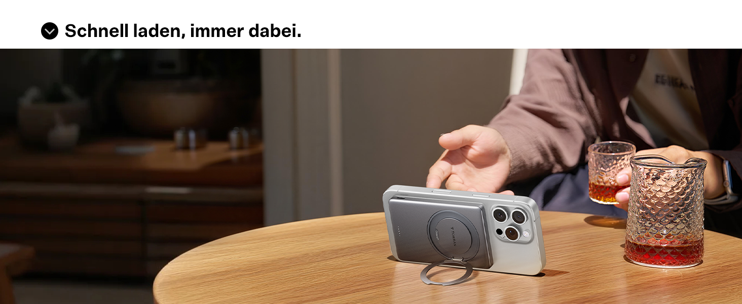 Power Bank TORRAS MiniMag Ultra Slim з MagSafe, 360° підставка, 18W, 5000mAh, магнітне кріплення, сірий титан. Сумісний з iPhone 17 Pro Max/Air/16/15/14/13/12