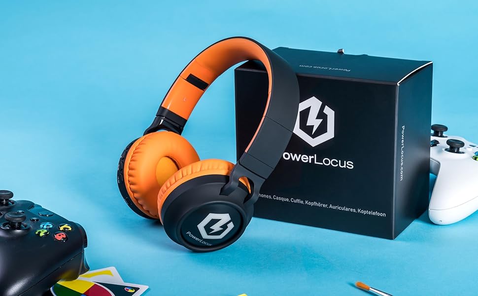 Дитячі навушники PowerLocus Bluetooth Over-Ear з LED-підсвіткою та обмеженням гучності 85dB. Бездротові та провідні, з мікрофоном для телефону, планшета, ПК, ТВ (Помаранчеві)