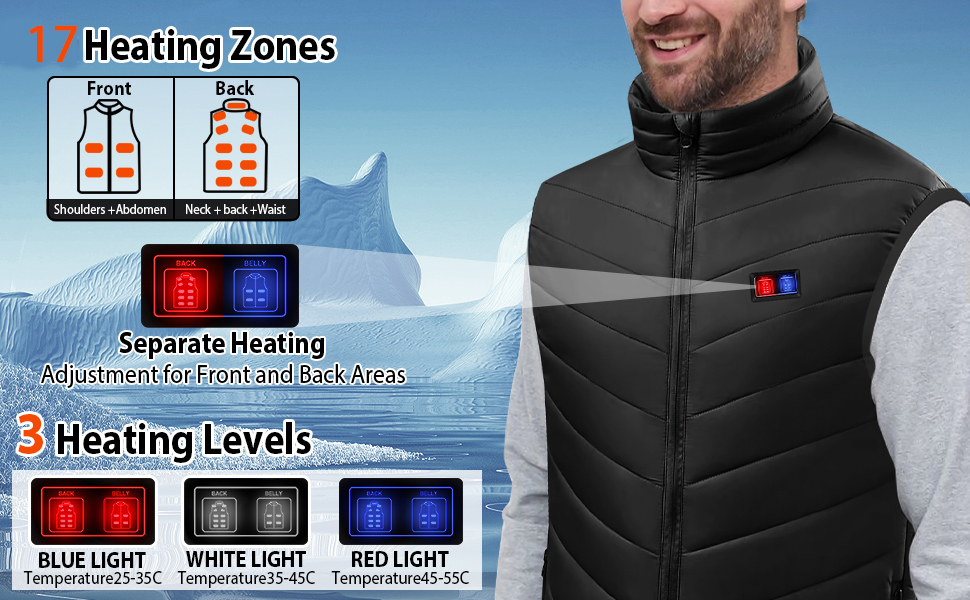 Електрична гріюча жилетка з акумулятором 27000mAh 7.4V, 17 зон нагріву, 3 температурні режими, для чоловіків та жінок, XL, чорна
