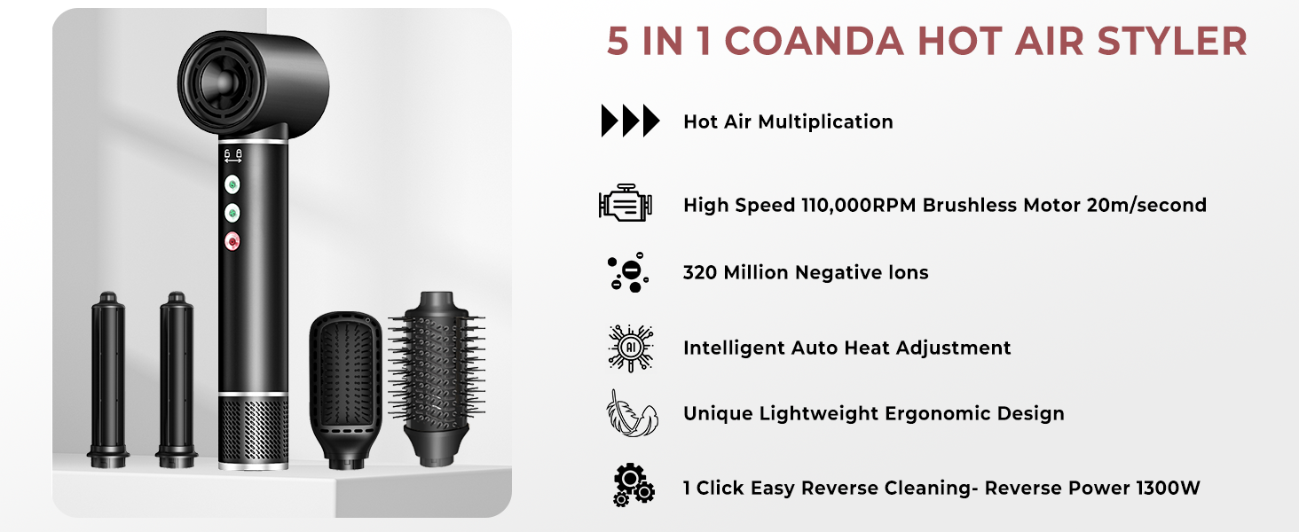 Airstyler 5 в 1: Фен-щітка з іонізацією, 5 насадок, 20 м/с, 110 000 об/хв, легкий (340г), чорний