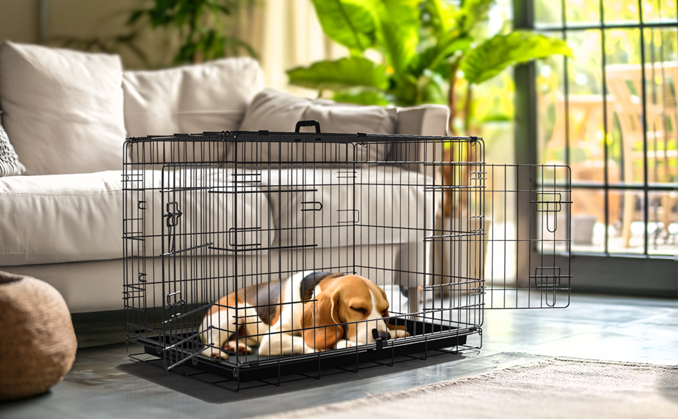 Клітка для собак VOUNOT, розкладний вольєр з кришкою, переноска для собак в авто, з подвійними дверцятами, 2 ручки для перенесення та знімний піддон, XXL 122x75x81 см, чорний. Розміри: 107x70x78 см (з кришкою), 122x75x81 см (без кришки)