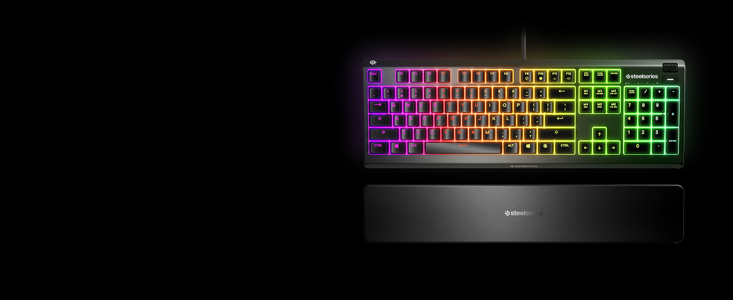 Клавіатура SteelSeries Apex 3 для ігор - RGB підсвічування 10 зон, магнітна підставка для зап'ястя, QWERTY (Nordic), чорний колір