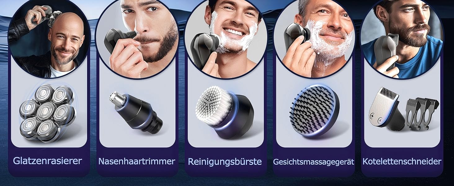 Електрична бритва для гоління голови Glatzen Herren 7D, водонепроникна IPX7, з тримером для бороди та носа, LED-дисплей