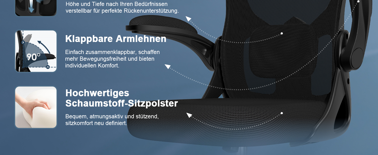 Офісний крісло з підголівником та підтримкою попереку, ергономічне, з регулюванням нахилу до 130°, з відкидними підлокітниками, поворотне, чорне, модель Ⅰ, до 150 кг