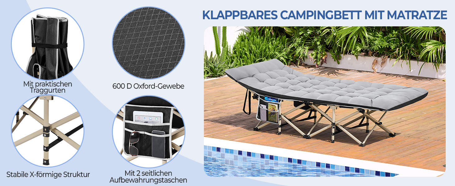 Ліжко складане Yaheetech з матрацом для кемпінгу, сіре (191x67 см, до 150 кг) + Чохол та кишені