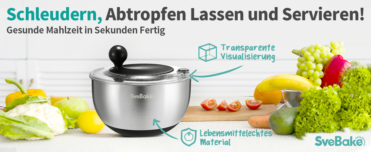 Салатниця-центрифуга 5л з нержавіючої сталі, з кнопкою стоп, без BPA, прозора кришка, отвір для зливу, антиковзаюча основа, чорна