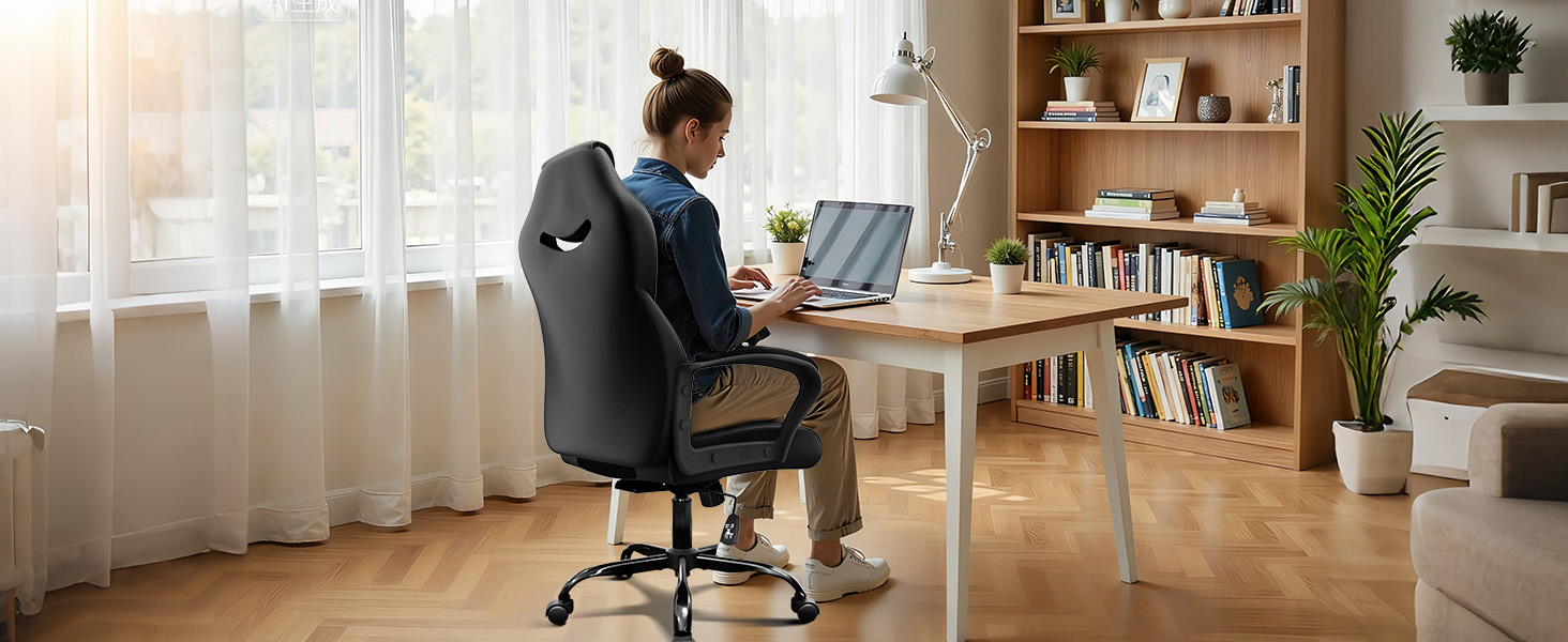 Офісне крісло BASETBL для офісу та дому, чорне, 150 кг, ергономічне, з PU шкіри, поворотне, з м'якими підлокітниками, функція гойдання