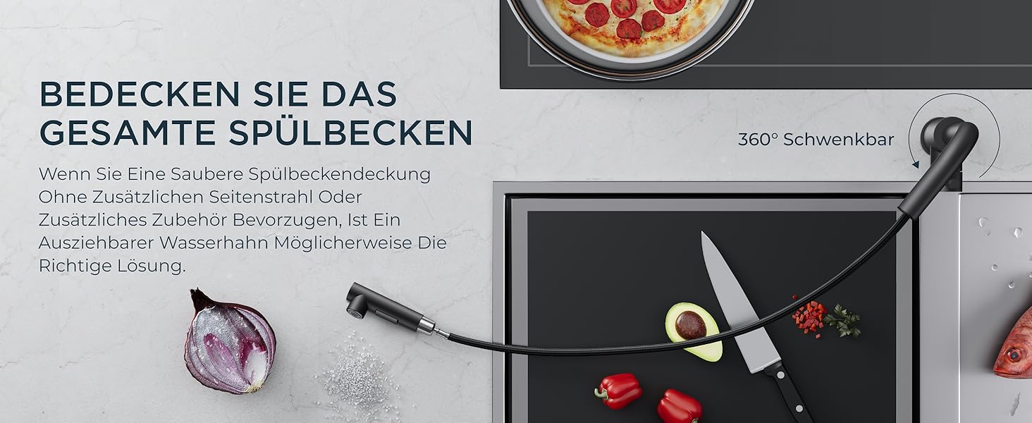 Змішувач для кухні FORIOUS висувний з душем, кухонний змішувач, L-подібний, 2 режими розпилення, поворотний 360°, матовий чорний