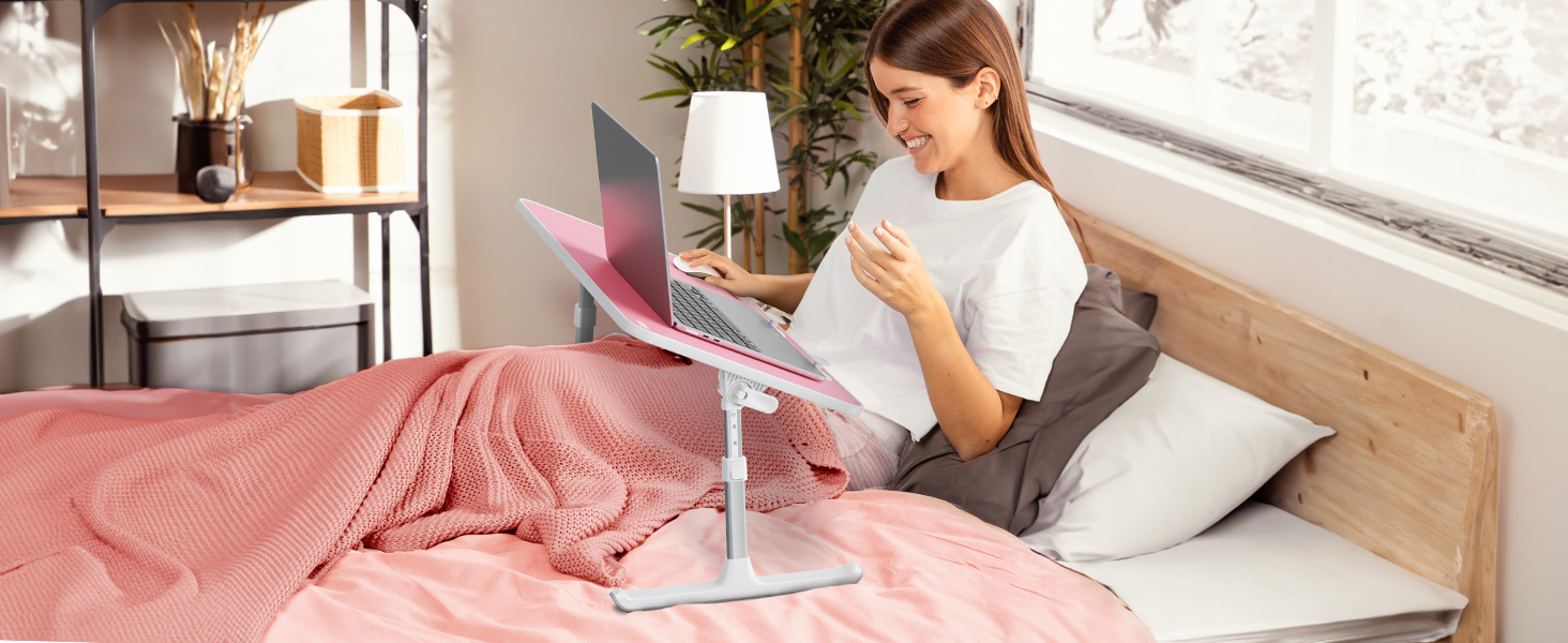 SAIJI Підставка для ноутбука на ліжко - регульована висота, складний столик для дивану/підлоги, для роботи/навчання/читання/їжі, підходить для ноутбуків до 17 дюймів (52*30 см), Рожевий