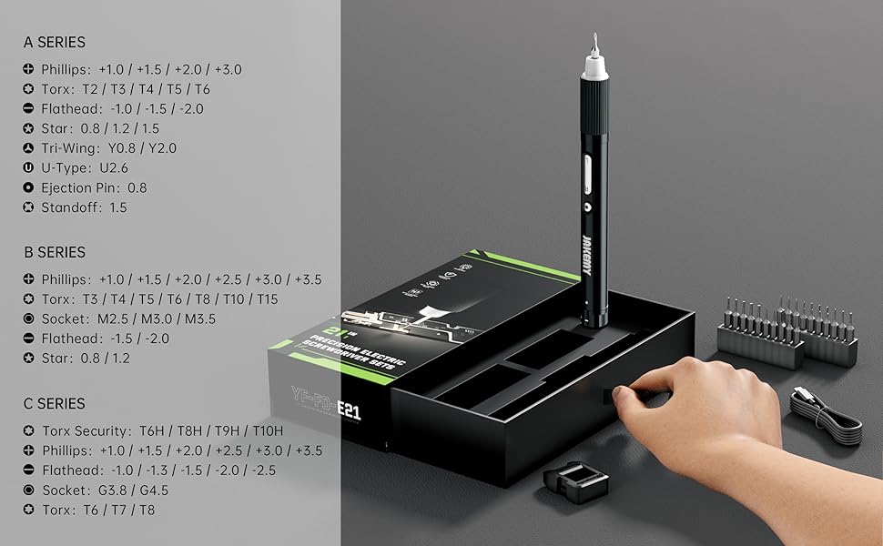 JAKEMY Мініатюрний електричний шуруповерт E21-B: набір для дрібної механіки з регулюванням крутного моменту, LED-підсвічуванням та USB-C зарядкою