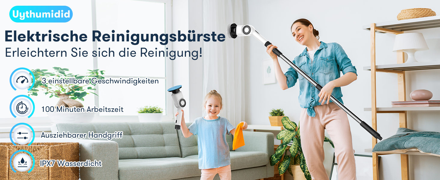 Електрична щітка для прибирання CB18 Uythumidid: 7 насадок, 3 швидкості, LED дисплей для ванної, кухні, авто, підлоги