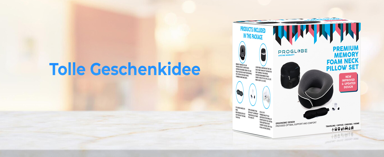 Подушка для шиї Proglobe, 100% Memory Foam, ортопедична, для подорожей (літак, авто, поїзд), з 3D-маскою для сну, сітчаста сумка (темно-сіра)