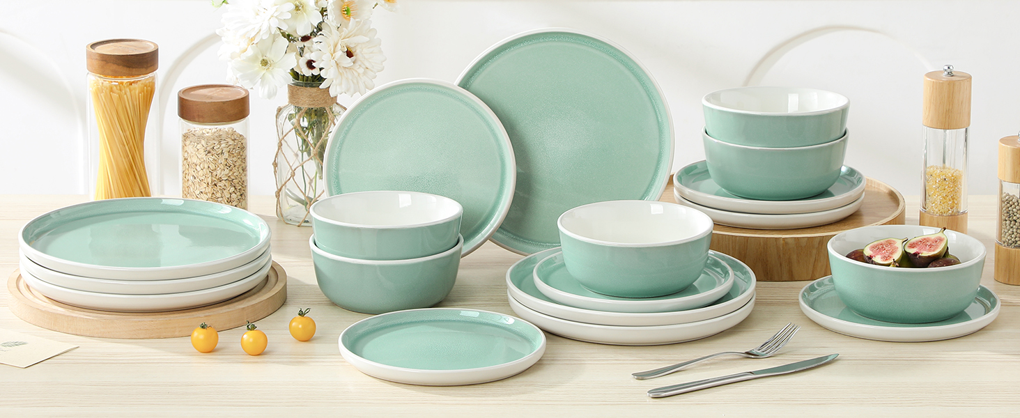 Набір посуду Steingut 18 предметів vancasso ELBA для 6 осіб, сучасний посуд у бірюзовому кольорі (6 тарілок, 6 мисок, 6 десертних тарілок)