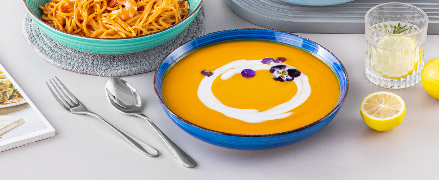 Набір Suppenteller Vancasso Bonita (6 шт.) з кераміки: тарілки для супу, пасти, спагеті, рамену, салатів, універсальні (1.4 л, блакитні)