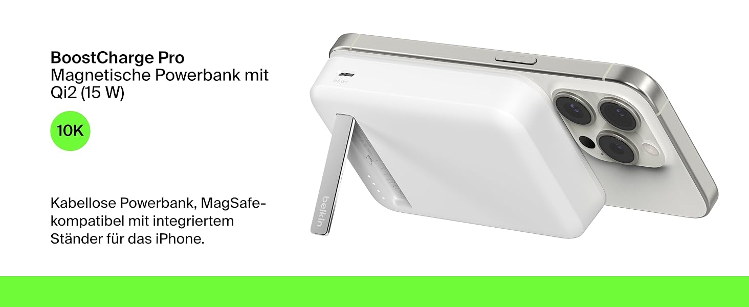 Бездротовий павербанк Belkin BoostCharge Pro 10000mAh з підтримкою Qi2 та MagSafe, портативний зарядний пристрій зі стійкою для iPhone 16, 15, 14, Pixel — Білий