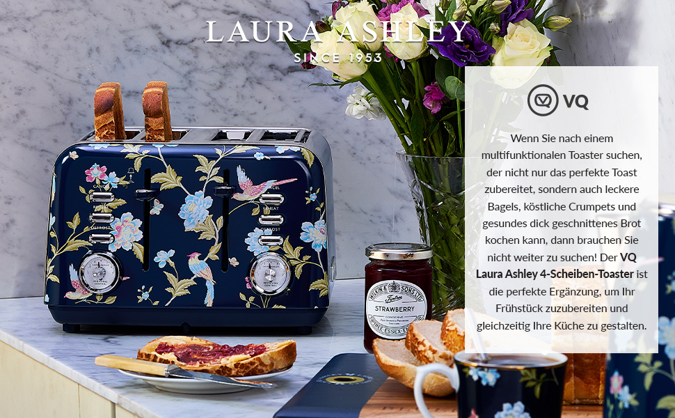 Тостер VQ Laura Ashley з 4-ма тостами, регулюванням нагріву, функцією розморожування та підігріву, нержавіюча сталь, вінтажний дизайн, з насадкою для круасанів (Elveden Marine)
