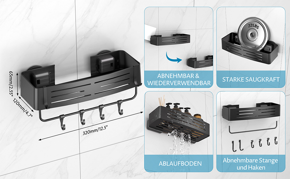 Двошаркова полиця для душу без свердління з присосками, вологостійка, чорна. Організатор для ванної кімнати з тримачем для рушників, шампуню та гелю для душу. Кутова полиця для душу з гачками, 2 шт.