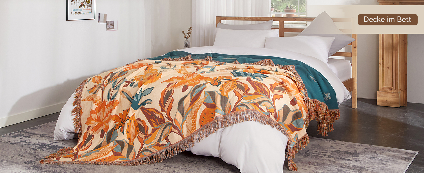 Богемна ковдра Softexly Boho Decke 100% бавовна – двостороння муслінова ковдра 150x200 см, м'яка софа та покривало для ліжка, естетичний дизайн, ідеально підходить для вітальні та спальні, помаранчевий/зелений, Blütentraum