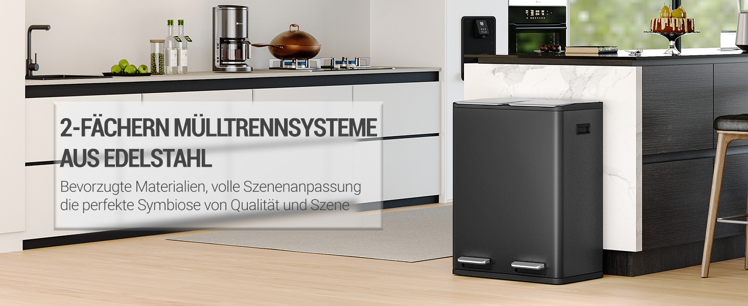Відро для сміття з сортуванням 60 л, нержавіюча сталь, з педаллю, 2 відділення, SW06099E (Чорний)