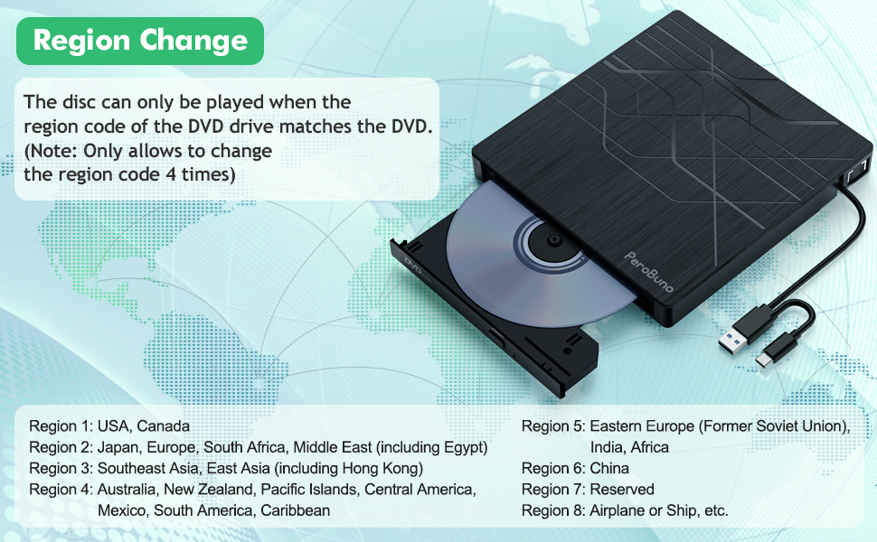 Зовнішній DVD-привід PeroBuno USB 3.0 Type-C, CD/DVD ROM +/-RW, ультратонкий оптичний накопичувач та записник для ноутбука, ПК, MacBook (Windows, Linux, macOS)