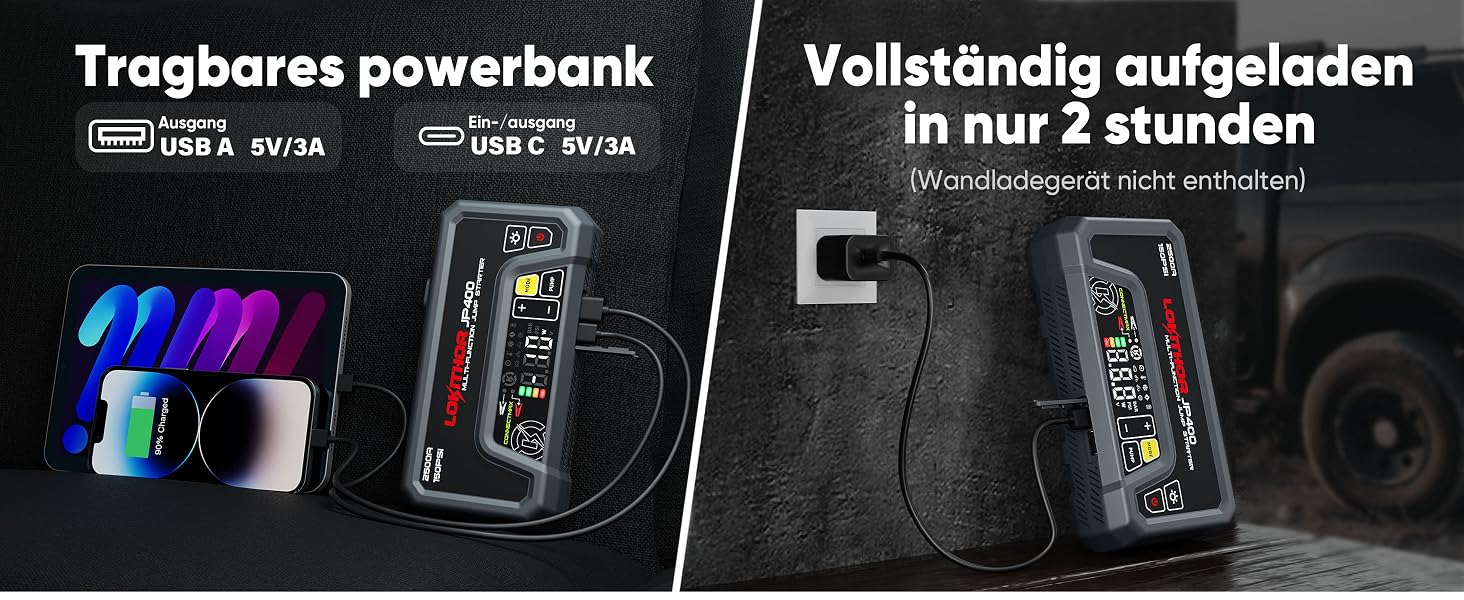 Пусковий пристрій LOKITHOR JP400 Jump Starter Powerbank 2500A з компресором 150 PSI для автомобіля