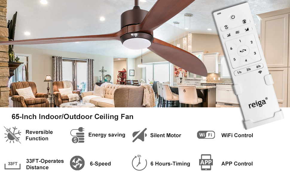 Стеляний вентилятор Reiga з підсвічуванням, 165 см, масивне дерево для зовнішнього використання IP44, диммована LED-лампа та DC-двигун, сумісний з Alexa & Google Home з пультом керування, дерев'яні лопаті, колір: коричневий