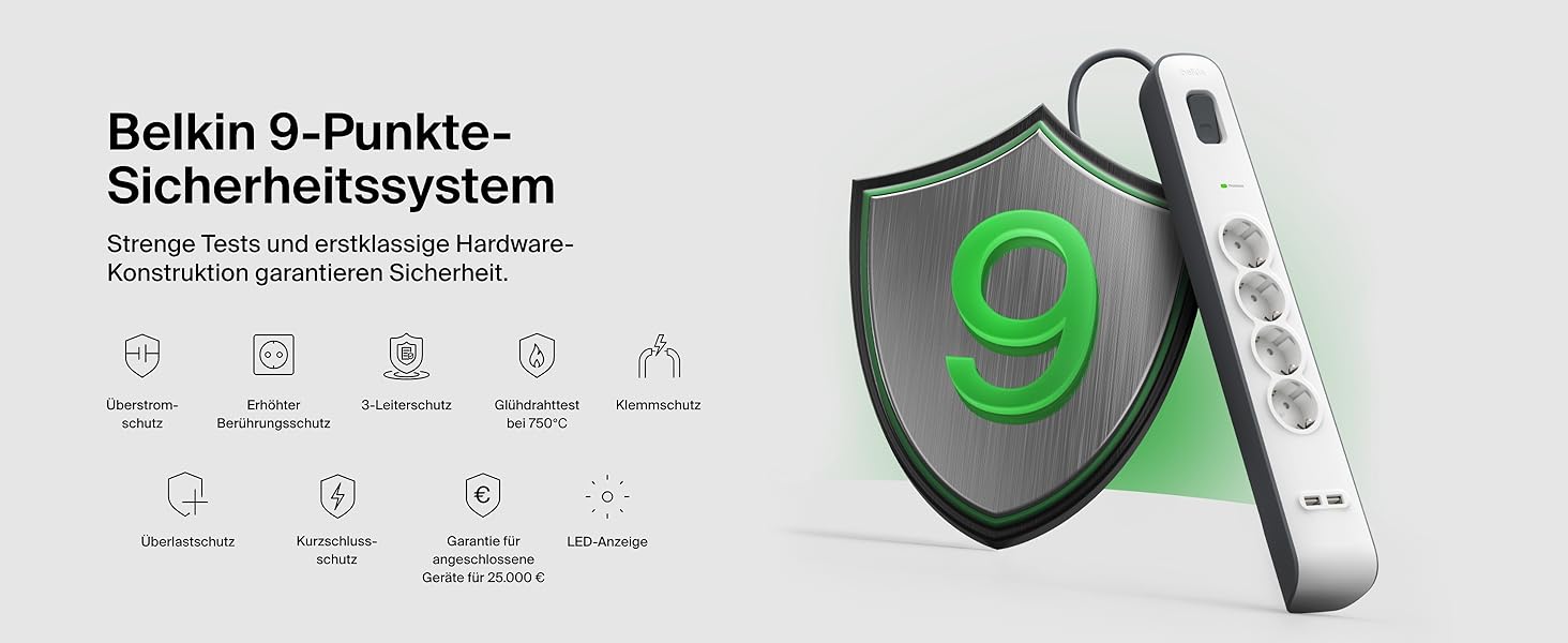 Мережевий фільтр Belkin з захистом від перенапруги та USB-портами, 8 розеток, 2 USB-A, 2.4A, кабель 2м, для дому та офісу