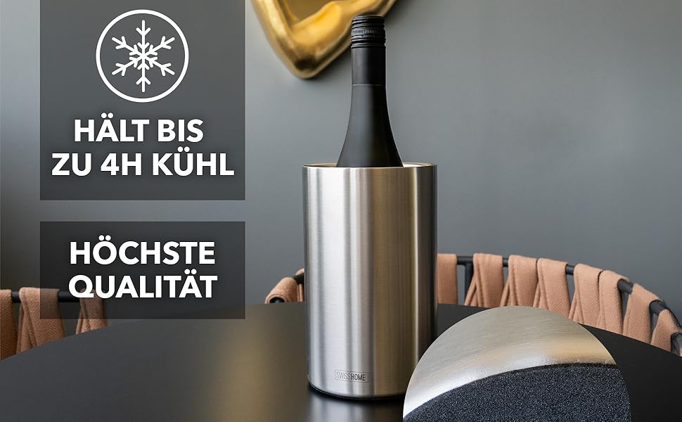 SWISS HOME® Охолоджувач для пляшок вина, шампанського та ігристого вина з нержавіючої сталі, подвійні стінки, у подарунковій коробці