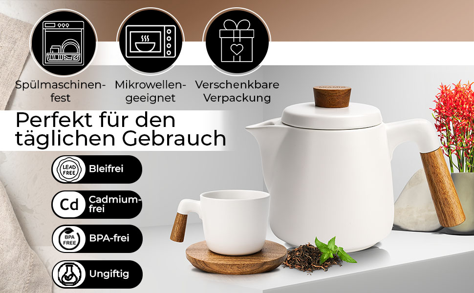 Набір для чаю Miamio: керамічний чайник 1 л з ситечком та 4 чашки (300 мл), бамбукові підставки