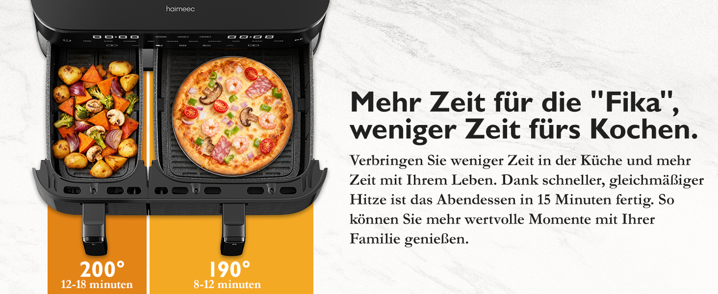 Електрична фритюрниця повітряна 11л, 2 камери з грилем, 10-в-1, без олії, з нагадуванням про струшування <60дБ, з антипригарним покриттям, 78 рецептів