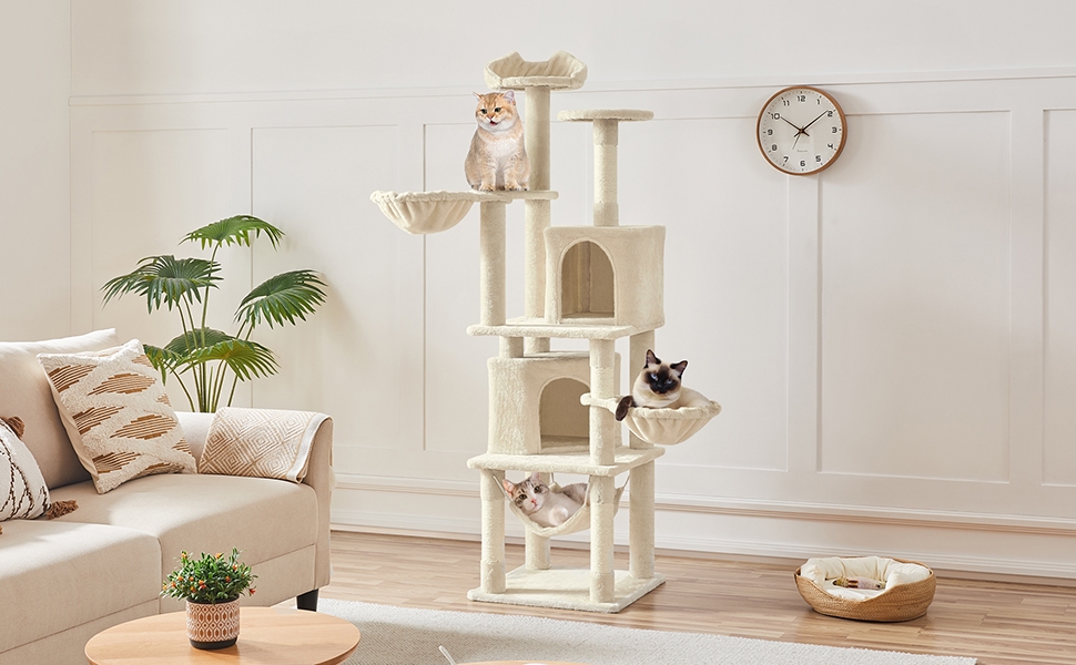 Кігтеточка Yaheetech XXL для котів, 175 см, для 3-4 котів, з платформами, гамаком, м'ячиком, бежева
