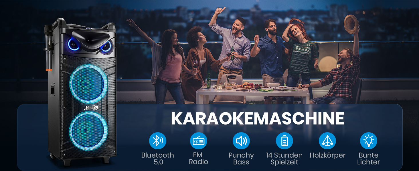 Moukey Karaoke Машина MK3024: Караоке система з вокером 26см, твітером 8см, 2 мікрофонами, Bluetooth, світло, AUX/USB/TF/FM