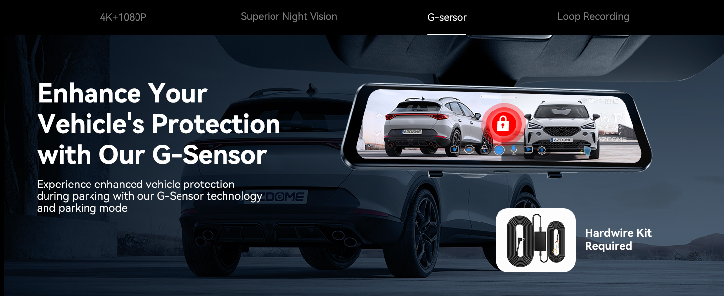Dashcam AZDOME PG17 4K: Дзеркало заднього виду з відеозаписом, WiFi, GPS, нічне бачення, голосове керування, 64GB карта в комплекті