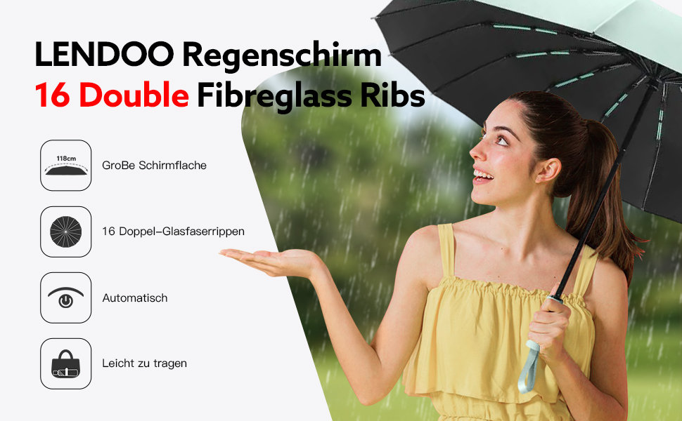 Стійкий до вітру парасолька: компактний складаний парасолька-тростина з 16 ребрами, покриття Teflon 210T, захист від УФ-променів (Aqua)