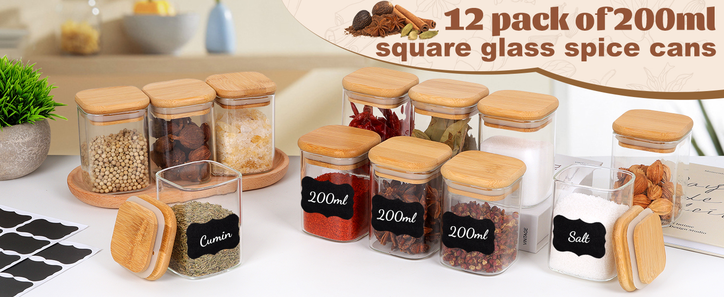 Набір скляних банок для спецій 12 шт. 200 мл з дерев'яною кришкою, набір дозаторів спецій, контейнери для спецій