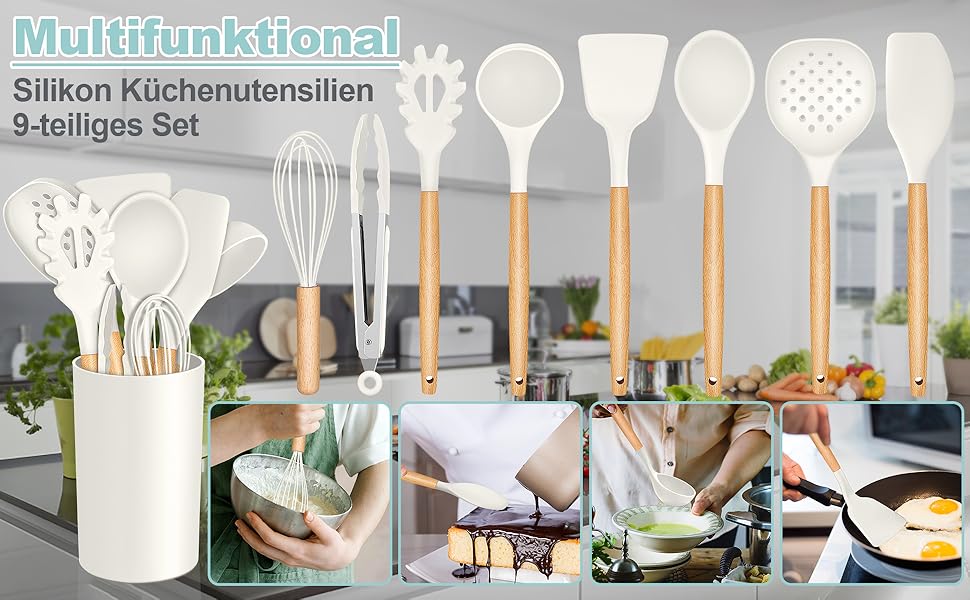 Набір кухонних аксесуарів Homikit 9 шт. з дерев'яною ручкою, чорний, з підставкою, антипригарне силіконове кухонне приладдя