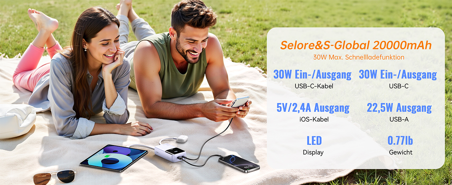 Power Bank Selore&S 20000mAh 30W з USB-C, LED дисплеєм, 4 виходами, Lila (фіолетовий)